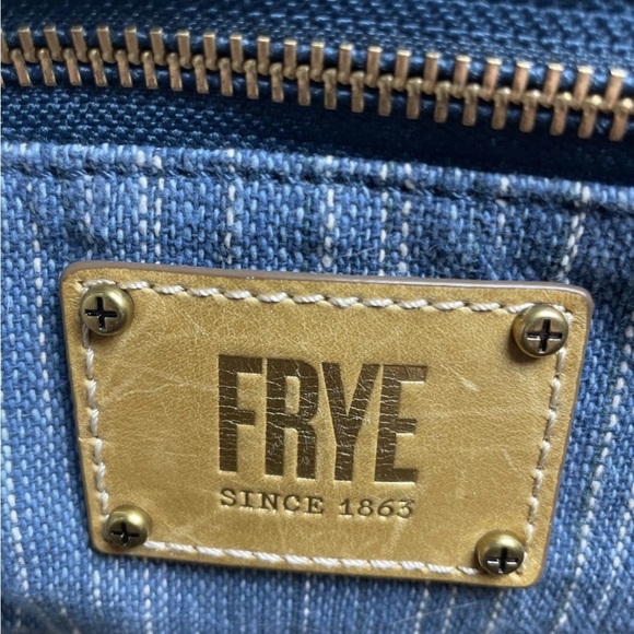 Frye Ivy Blue Denim Mini Backpack Striped Cotton Leather Gold Zipper - Picture 9 of 11